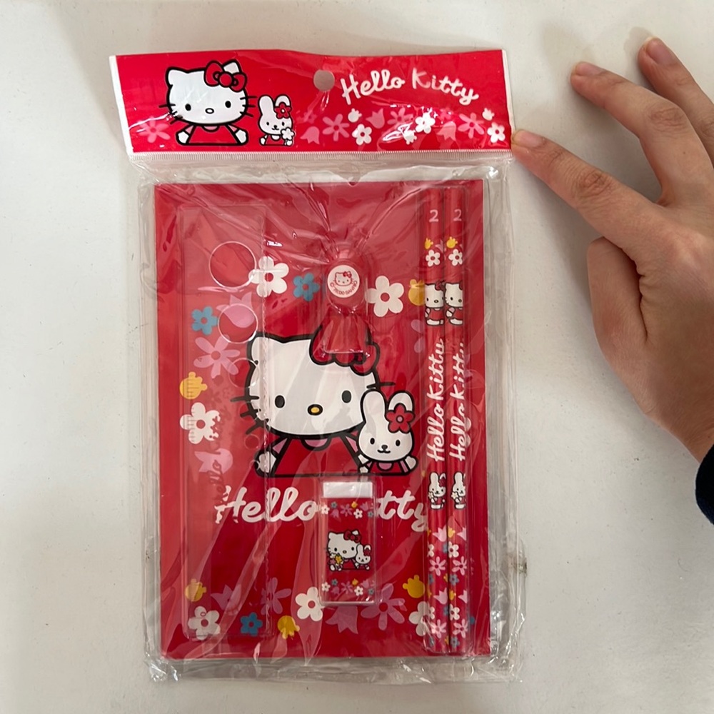 Vtg 2000 Sanrio Hello Kitty Stationary Set Pencil Case Notebook Stamp Eraser